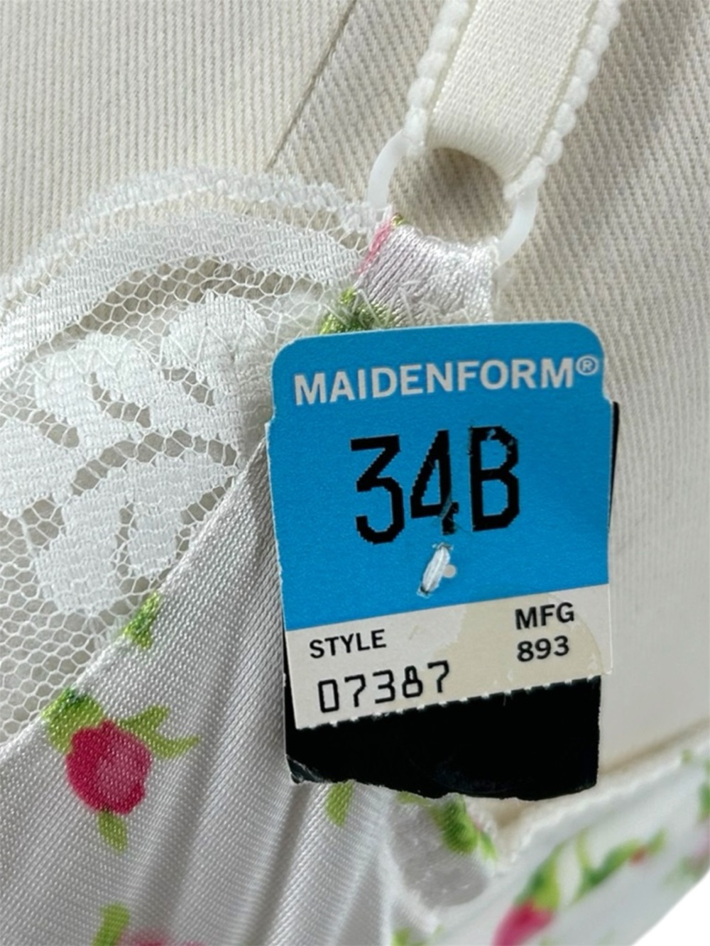 NWT Vtg 90s Maidenform White Rose Print Lace Trim Satin Chantilly Demi-Bra 34B - Picture 4 of 11